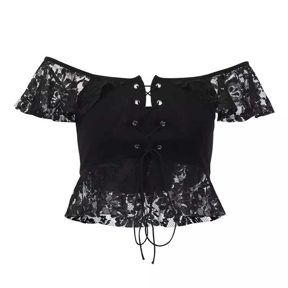 Sexy Lace Up Off Shoulder Crop Top - Picture 3 of 6
